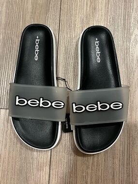 bebe Black and Translucent Gray Slide Sandals with Logo Band